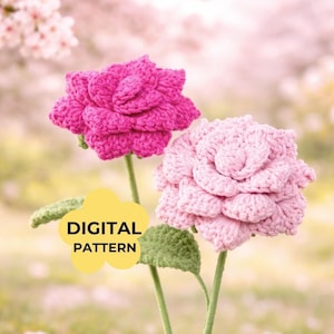 Patrón de crochet de rosa romántica: Ramo de tallo de recuerdo de amor eterno, amigurumi, San Valentín, aniversario, boda, recuerdo, esposa, día de la madre, bricolaje