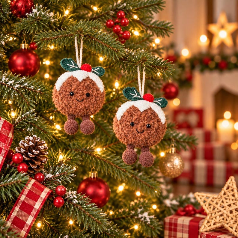 May include: Two brown crocheted Christmas pudding ornaments hanging from a tree. Each ornament features a white icing top, a small red berry, green leaves, black bead eyes, a stitched smile, and two small dangling brown feet.