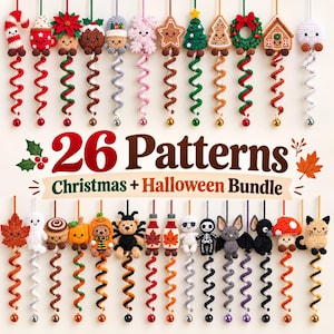 May include: A collection of 26 crochet patterns for Christmas and Halloween ornaments, featuring various characters like a candy cane, gingerbread man, pumpkin, ghost, and bat, each with a spiral tail and a small bell at the bottom.