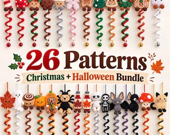 May include: A collection of 26 crochet hanging ornaments featuring Christmas and Halloween themes, including characters like a candy cane, gingerbread star, pumpkin, ghost, and bat, each with a spiral tail and a small bell at the bottom.
