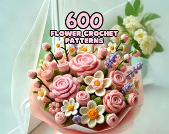 600+ Seite Florale Häkelanleitung Bundle Rose Sonnenblume Tulpe Pfingstrose Lilie Gänseblümchen Gänseblümchen Narzisse Hortensie Freesie Magnolie Frühling Romantik DIY