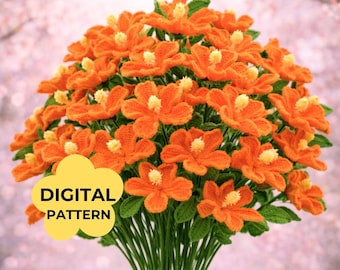 Hibiscus Crochet PATTERN Vase Bouquet Decor Romance DIY Valentine Wedding Party Anniversary Craft Keepsake Amigurumi Spring Mom Leaf Guide