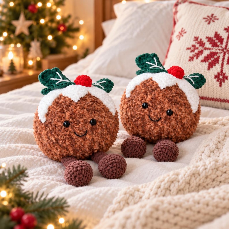 May include: Two round, brown, fuzzy crochet plushies shaped like Christmas puddings. Each features a white icing top, a small red berry, and two green leaves. They have black bead eyes, embroidered smiles, and dangling brown feet.