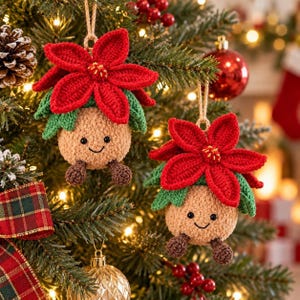 May include: Two crocheted Christmas ornaments shaped like round, tan, fuzzy creatures with smiling faces and small brown feet. Each ornament is topped with a vibrant red poinsettia flower and green leaves, hanging from a jute twine loop.