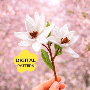 Magnolia Crochet PATTERN Stem Bouquet Flower Amigurumi Valentine Anniversary Romantic Gift Wedding Bridal Decor DIY Mothers Day Home Decor