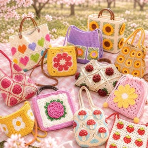 May include: A collection of colorful, handmade crochet bags with various designs, including hearts, sunflowers, flowers, and mushrooms. The bags are in various shapes and sizes, with wooden handles and drawstring closures. The bags are displayed on a pink and white checkered surface.