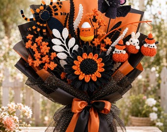 May include: A Halloween-themed crochet bouquet featuring a black and orange spider, a black bat, a candy corn figure, a large black and orange sunflower, and small white rabbit figures, all wrapped in black and orange paper with a satin bow.