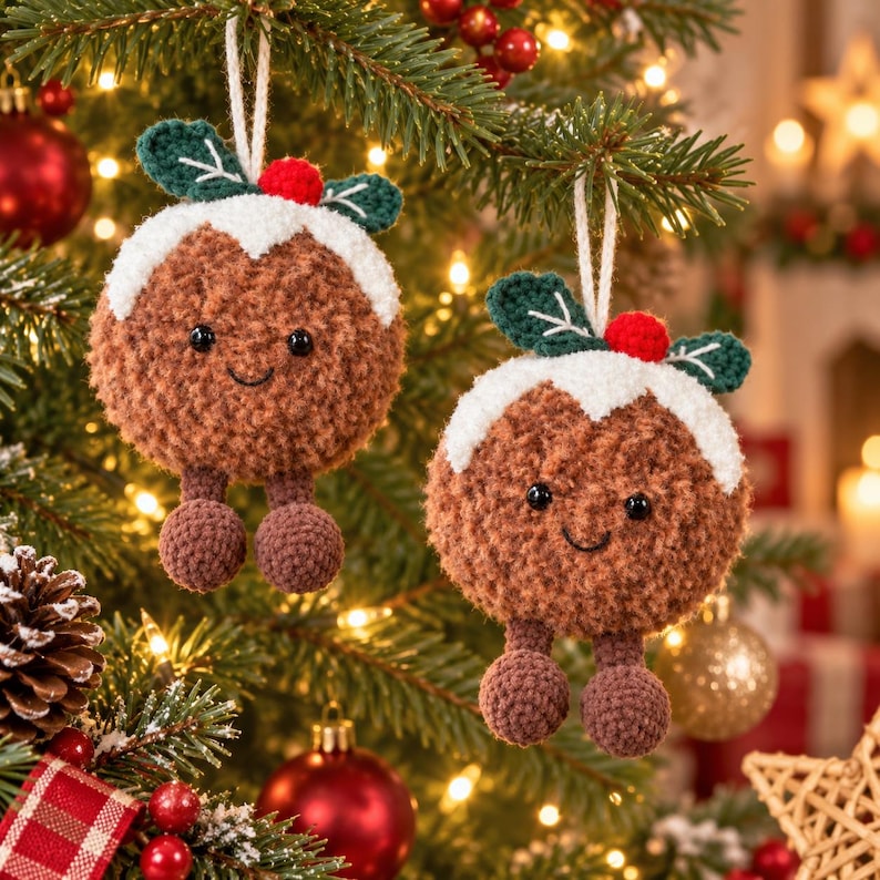 May include: Two round, brown, fuzzy crochet ornaments shaped like Christmas puddings. Each features a white icing top, green leaves, a small red berry, black bead eyes, a stitched smile, and two dangling brown feet, all hanging from white strings.