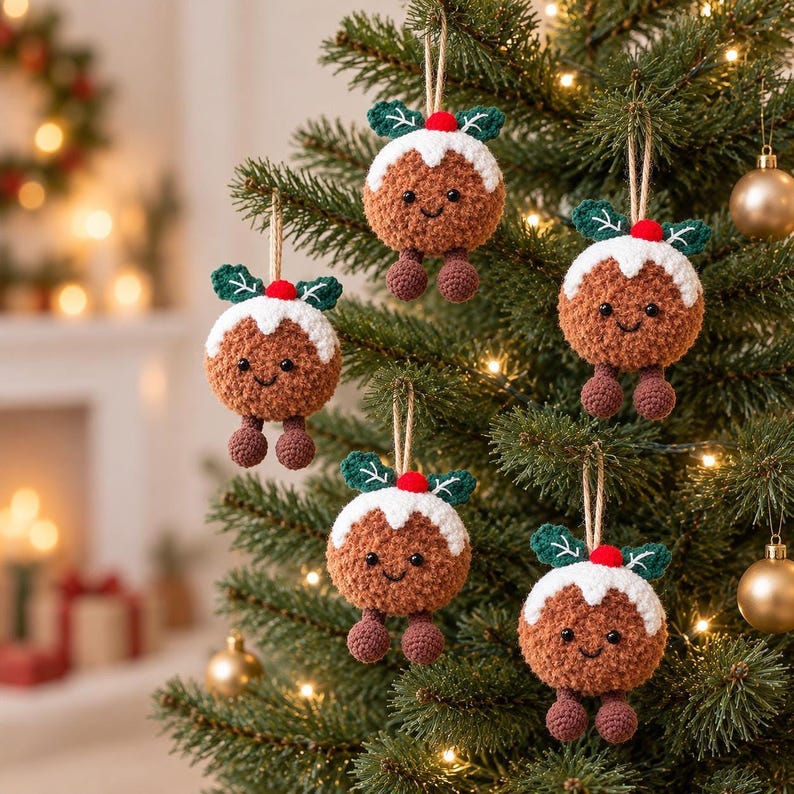 May include: Five round, brown, fuzzy crochet Christmas pudding ornaments hanging on a tree. Each ornament features a white icing top, green leaves, a red berry, two small black eyes, a stitched smile, and two dangling brown legs.