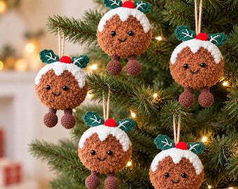 May include: Five round, brown, fuzzy crochet Christmas pudding ornaments hanging from strings. Each ornament features a white icing top, two green leaves, a small red berry, black bead eyes, a stitched smile, and two dangling brown legs.