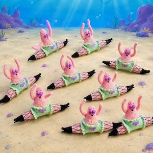 May include: Eight identical crochet figures of a pink starfish character, each performing a split. The figures feature light green shorts, black fishnet-patterned legs, and purple accents. They are arranged in a group, all facing forward.