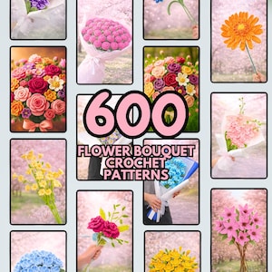 PATRÓN de ramo de flores a crochet, paquete de más de 600 amigurumis para novia, planta en maceta, primavera, boda, rosa, margarita, regalo de amor eterno para San Valentín, bricolaje