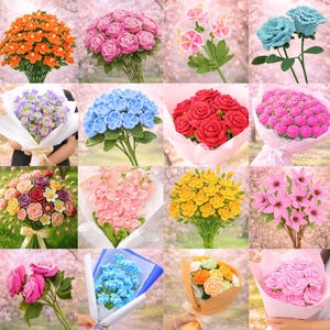 Patrón de flores de crochet de más de 900 páginas para ramo de novia, boda, peonía, tulipán, amapola, magnolia, margarita, gerbera, clavel, botánico, maceta de punto, regalo para mamá