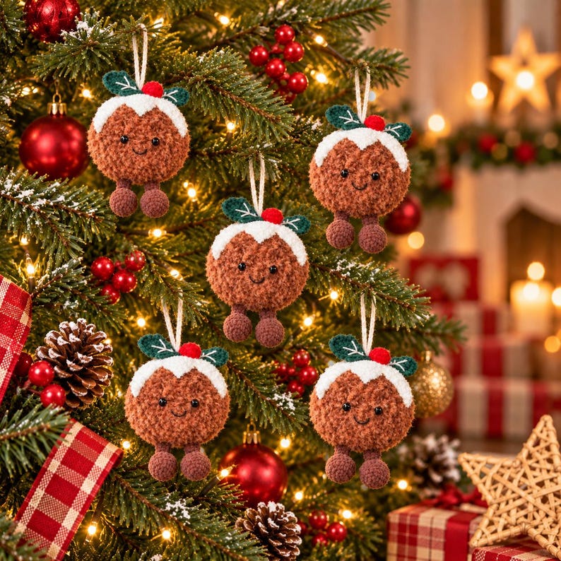 May include: Five brown crocheted Christmas pudding ornaments hanging on a pine tree. Each ornament features a white frosting top, a small red berry, two black eyes, a stitched smile, and two dangling brown feet, all suspended by a white string.