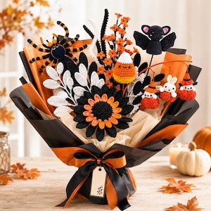 Halloween-virkmönster Blombukett Pumpa Spöke Fladdermus Amigurumi Spöklik Höstdekor Digital PDF DIY Godis Majs Spindel Hund Häxa Kanin