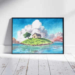 May include: Watercolor painting of a small island with a house, tree, and water. The sky is blue with fluffy white and pink clouds. The artwork is framed in a black frame and is displayed on a white wooden floor.