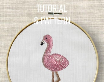 PDF TUTORIAL and PATTERN embroidered beaded pink flamingo | beginner | easy | tips