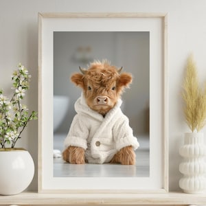 Cute Baby Highland Cow Bathroom Wall Art – Funny Calf in Bathrobe – Farm Animal Spa Day Decor – Rustic Digital Download, Funny Cow Printable