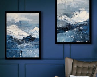 Abstracte berglandschapsprint, blauwgrijs wit, minimalistisch muurdecor (digitale download)