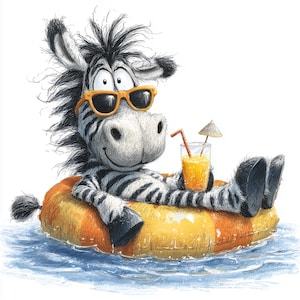 May include: A cartoon zebra wearing sunglasses relaxes in a yellow inflatable ring in the water. The zebra is holding a glass of orange juice with a straw and a small umbrella. The zebra has black and white stripes.