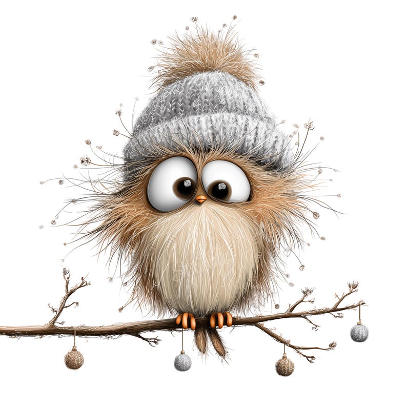 K&ouml;nnte beinhalten: Eine Illustration einer Eule mit gro&szlig;en Augen und flauschigen braunen und beigen Federn, die eine graue Strickm&uuml;tze mit Bommel tr&auml;gt. Die Eule sitzt auf einem Ast, der mit kleinen dekorativen Kugeln geschm&uuml;ckt ist. Eine charmante, festliche Illustration.