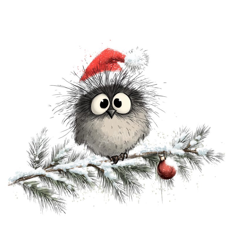 K&ouml;nnte beinhalten: Eine skurrile Illustration eines flauschigen, grauen Vogels mit gro&szlig;en Augen, der einen roten Weihnachtsmannhut tr&auml;gt. Der Vogel sitzt auf einem schneebedeckten Kiefernzweig mit einer roten Kugel. Der Stil ist aquarellartig, ideal f&uuml;r Feiertagsdekorationen.