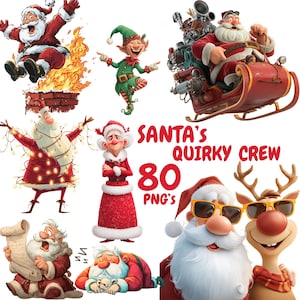 May include: A selection of cartoon illustrations showcasing Santa Claus and his eccentric team. Santa is shown in different scenarios, such as descending a chimney, piloting a futuristic sleigh, and sporting sunglasses with a reindeer. The image also includes the text "SANTA'S QUIRKY CREW" and "80 PNG's".