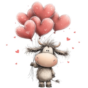 Può includere: Illustrazione di un cartone animato di una soffice mucca marrone che tiene in mano un mazzo di palloncini rosa a forma di cuore. La mucca ha una faccia marrone chiaro, piccole corna e sorride. Piccoli cuori rosa fluttuano sullo sfondo, creando un'atmosfera stravagante e amorevole.