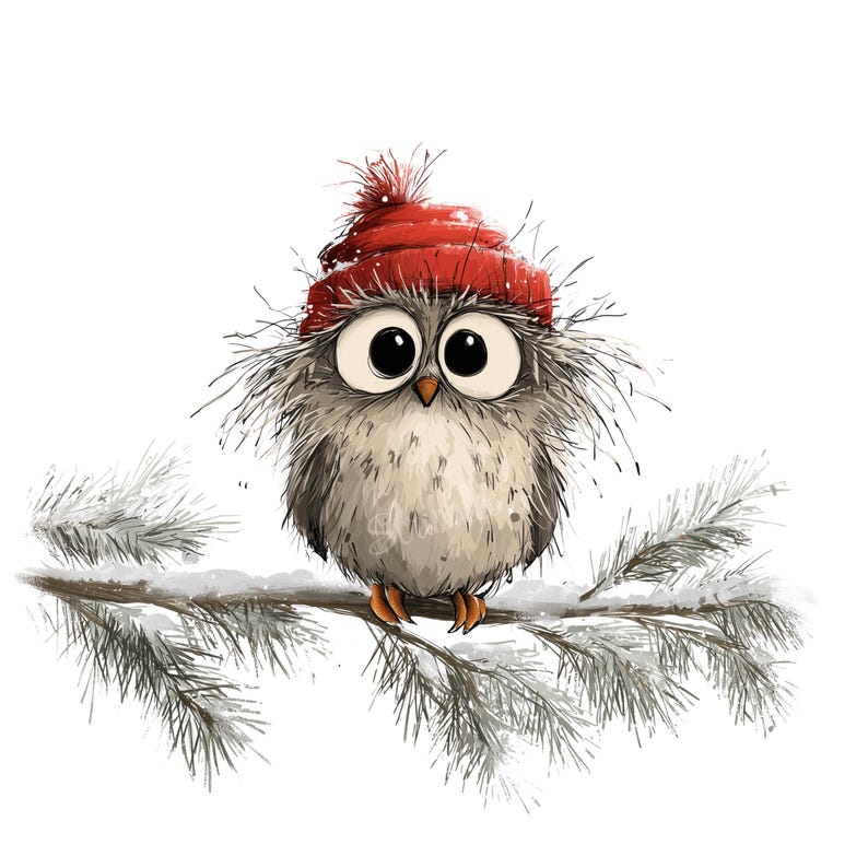 K&ouml;nnte beinhalten: Eine Illustration einer Eule mit gro&szlig;en Augen, die einen roten Hut tr&auml;gt und auf einem schneebedeckten Ast sitzt. Das Federkleid der Eule ist grau und wei&szlig;. Die Szene vermittelt eine winterliche und gem&uuml;tliche Atmosph&auml;re.
