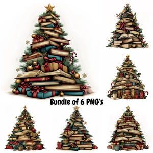May include: Digital illustrations of Christmas trees constructed from books, gifts, and decorations. The trees feature gold stars, red bows, and candy canes. The text "Bundle of 6 PNG's" is displayed at the bottom.