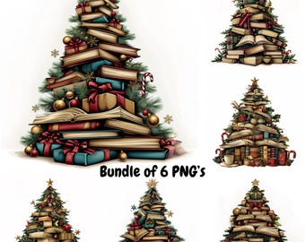May include: Digital illustrations of Christmas trees constructed from books, gifts, and decorations. The trees feature gold stars, red bows, and candy canes. The text "Bundle of 6 PNG's" is displayed at the bottom.