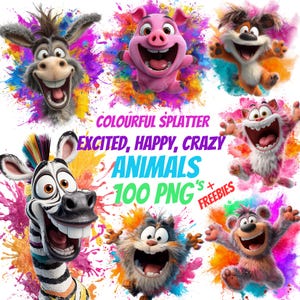 May include: A digital art image featuring cartoon animals with colourful paint splatter backgrounds. The image includes a donkey, pig, dog, cat, zebra, and bear, with text that reads "COLOURFUL SPLATTER EXCITED, HAPPY, CRAZY ANIMALS 100 PNG's + FREEBIES."