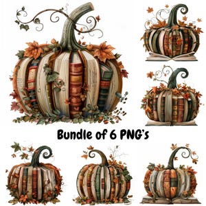 May include: A collection of six digital PNG images featuring pumpkin designs. Each pumpkin is crafted from open books, adorned with autumn leaves and vines. The pumpkins showcase a variety of book spines in shades of brown, green, and orange.