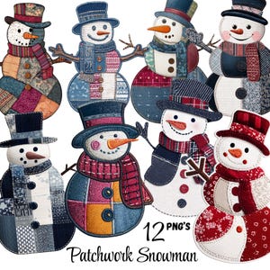 Może przedstawiać: Kolekcja dwunastu wzorów bałwanków patchworkowych. Każdy bałwanek ma unikalny wzór patchworkowy, marchewkowy nos i cylinder. Bałwanki noszą szaliki i mają gałązkowe ramiona. Tekst "12 PNG's Patchwork Snowman" znajduje się na dole.