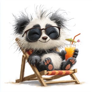 Könnte beinhalten: Ein Cartoon-Panda mit Sonnenbrille und Schal, der sich in einem Holz-Strandstuhl entspannt. Der Panda hält ein Glas Orangensaft mit Strohhalm und kleinem Schirm. Der Stuhl hat eine rot-orange gestreifte Sitzfläche.