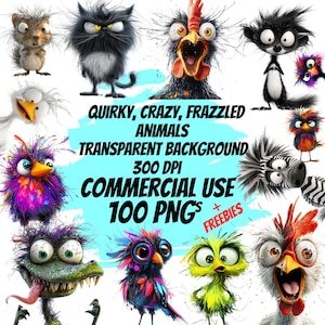 100 Quirky, Crazy Animal Clipart, Funny, Frazzled, Messy fur, Transparent Backgrounds, 300 Dpi, Digital Download, Commercial Use