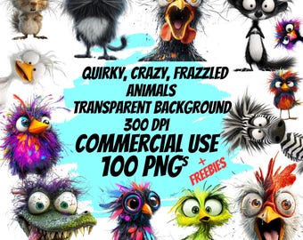 100 schrullig ausgefranste Tiere Clipart, 100 PNGs, transparenter Hintergrund (Digitaler Download)