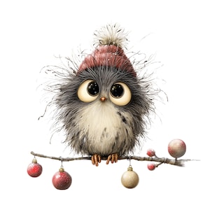 K&ouml;nnte beinhalten: Eine Illustration einer Eule mit gro&szlig;en Augen, die eine rote M&uuml;tze mit Bommel tr&auml;gt und auf einem Ast sitzt. Der Ast ist mit roten und goldenen Weihnachtskugeln und roten Beeren geschm&uuml;ckt, was ein festliches Weihnachtsthema ergibt.