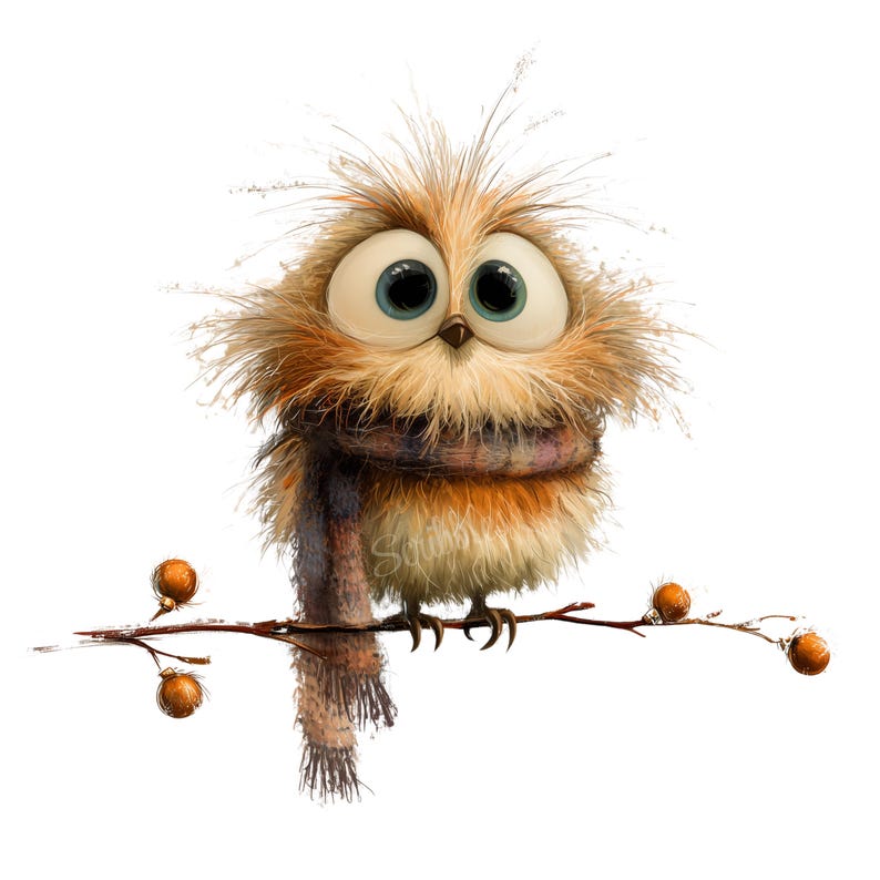 K&ouml;nnte beinhalten: Eine skurrile Illustration einer Eule mit gro&szlig;en, ausdrucksstarken blauen Augen und flauschigen braunen und beigen Federn. Die Eule tr&auml;gt einen gestreiften Schal und sitzt auf einem Ast mit orangefarbenen Beeren. Der Stil ist cartoonartig.