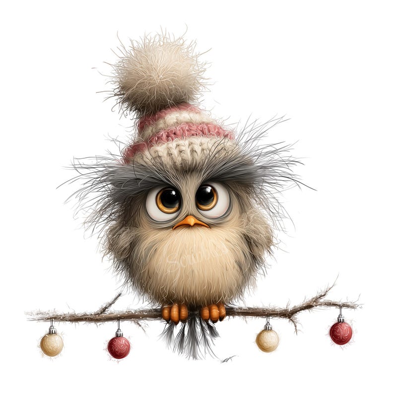 K&ouml;nnte beinhalten: Eine Illustration einer Eule mit gro&szlig;en Augen, die einen gestrickten Hut mit rosa Streifen und Bommel tr&auml;gt und auf einem Ast sitzt. Die Eule hat flauschige Federn. Der Ast ist mit h&auml;ngenden Kugeln geschm&uuml;ckt, was eine festliche Szene schafft.