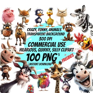 May include: A selection of cartoon animal illustrations, featuring a pig, fox, duck, cat, zebra, and more. The image includes text that reads "CRAZY, FUNNY, ANIMALS, TRANSPARENT BACKGROUND, 300 DPI, COMMERCIAL USE, HILARIOUS, QUIRKY, SILLY CLIPART, 100 PNG's + FREEBIES, INSTANT DOWNLOAD."