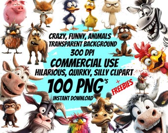 100 schrullig Tier Clipart PNG, lustige Cartoon Grafiken (digitaler Download)