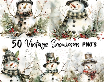 50枚のヴィンテージ雪だるまクリップアートPNG、ホリデー画像、デジタルダウンロード