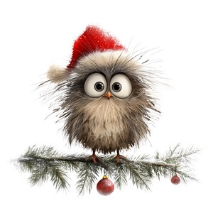 K&ouml;nnte beinhalten: Eine Illustration einer flauschigen Eule mit roter Weihnachtsm&uuml;tze, die auf einem schneebedeckten Kiefernzweig sitzt. Die Eule hat gro&szlig;e, ausdrucksstarke Augen und ist mit zwei roten Weihnachtskugeln geschm&uuml;ckt, was ein festliches Weihnachtsthema ergibt.