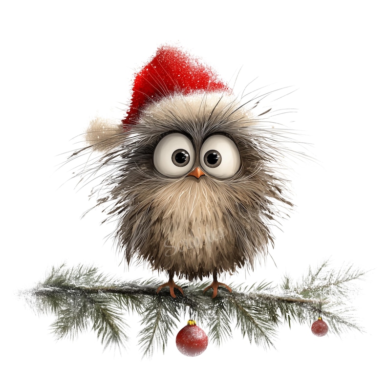K&ouml;nnte beinhalten: Eine Illustration einer flauschigen Eule mit roter Weihnachtsm&uuml;tze, die auf einem schneebedeckten Kiefernzweig sitzt. Die Eule hat gro&szlig;e, ausdrucksstarke Augen und ist mit zwei roten Weihnachtskugeln geschm&uuml;ckt, was ein festliches Weihnachtsthema ergibt.
