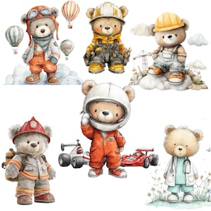 Puede incluir: Ilustraciones en acuarela de osos de peluche en varias profesiones. Los osos están vestidos como piloto, trabajador de la construcción, bombero, piloto de carreras y médico. Cada oso lleva la vestimenta y los accesorios apropiados.