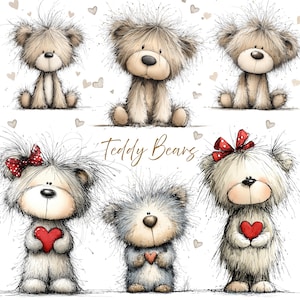 Puede incluir: Colección de seis osos de peluche de dibujos animados en varias poses. Los osos son principalmente beige, grises y blancos, algunos sostienen corazones rojos y llevan lazos rojos. El texto "Teddy Bears" está escrito en oro.