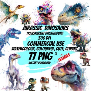 Puede incluir: Ilustraciones de acuarela de varios dinosaurios en colores vibrantes. La imagen incluye texto que dice: "Jurassic Dinosaurs, Transparent Background, 300 DPI, Commercial Use, Watercolour, Colourful, Cute, Clipart, 77 PNG's, Instant Download."