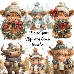 May include: A digital art bundle featuring six adorable Highland cows in winter attire. Each cow is depicted with a cozy hat and scarf, some holding mugs of hot cocoa or wearing Christmas wreaths. The text "45 Christmas Highland Cows Bundle" is also included.