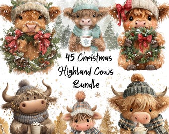45 Highland Cows PNG's, Weihnachten Highland Kuh Clipart, Baby Kuh, Kalb, Weihnachtsbild, DTF, (Digitaler Download)